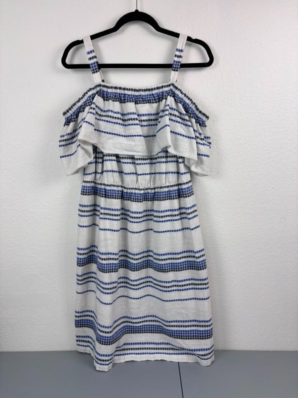 Eloquii women's 20‎ blue white striped knee length off shoulder ruffle dress